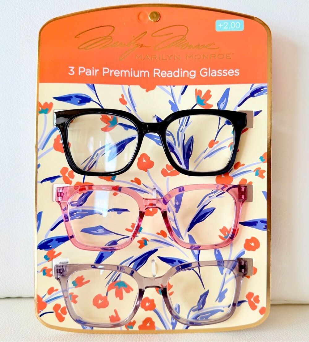 NWT 3 Pack 2.00 Marilyn Monroe Premium Reading Glasses Black, light Pink & Grey